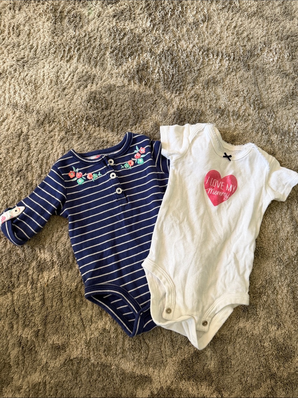 Carter's Girls Long-Sleeve Onesie  - Navy Striped, short sleeve white.